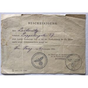 1944 Wehrmacht Textile Certificate